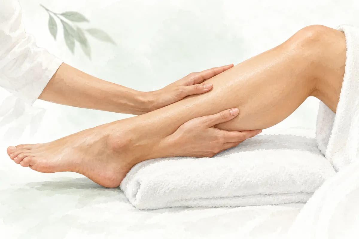Editorial illustration · Light touch on a supported lower leg