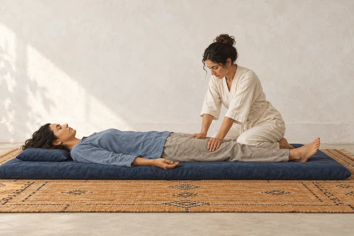 Editorial illustration · Clothed shiatsu on a mat