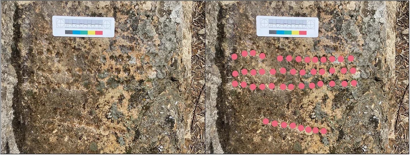Gameboard in the Walila hammam, photographed and marked by the researchers